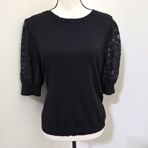 89th & MADISON size Medium Sheer Sleeve Knit Classic Dark Academia Top Black